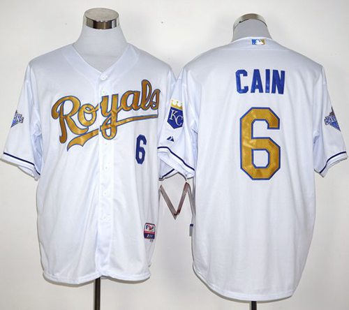 Royals #6 Lorenzo Cain White 2015 World Series Champions Gold Program Stitched MLB Jersey - Click Image to Close